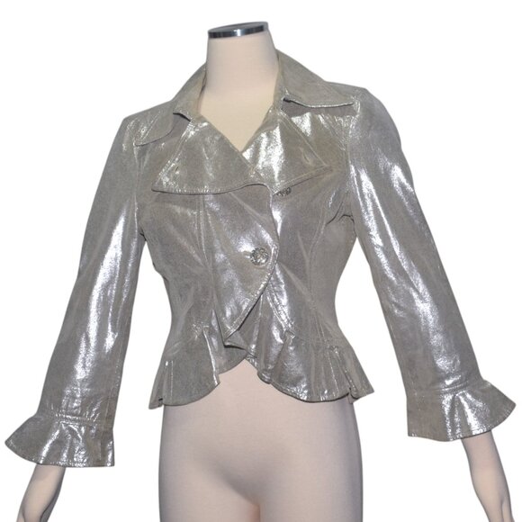 bebe Jackets & Blazers - Bebe Silver Metallic Leather Jacket Y2k 2000s Ruffle Peplum S